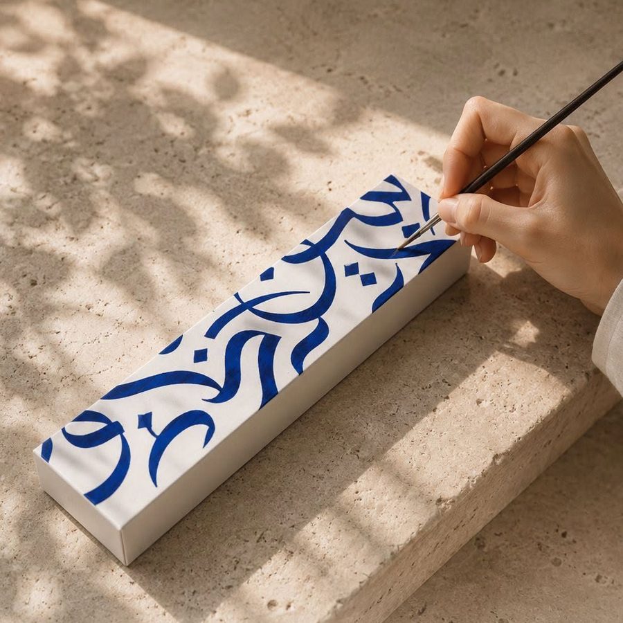 Coffret Makao à la calligraphie bleue, peint à la main